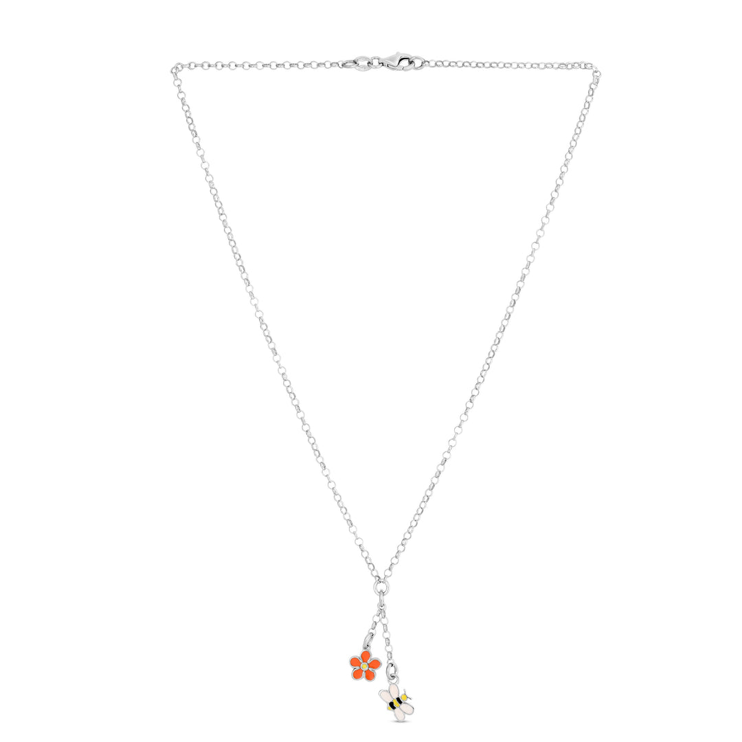 Silver Enamel Flower Lariat Necklace