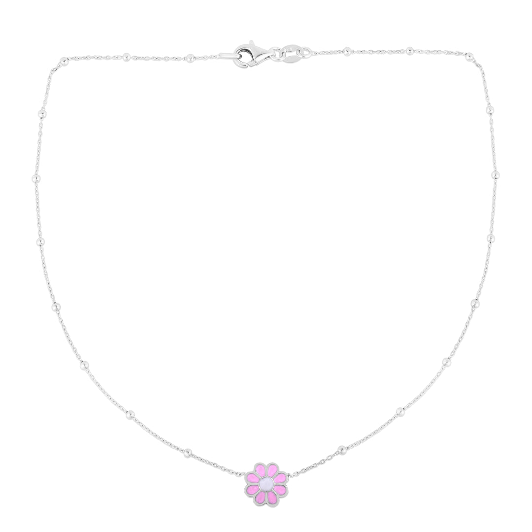 Silver Enamel Pink Flower Necklace