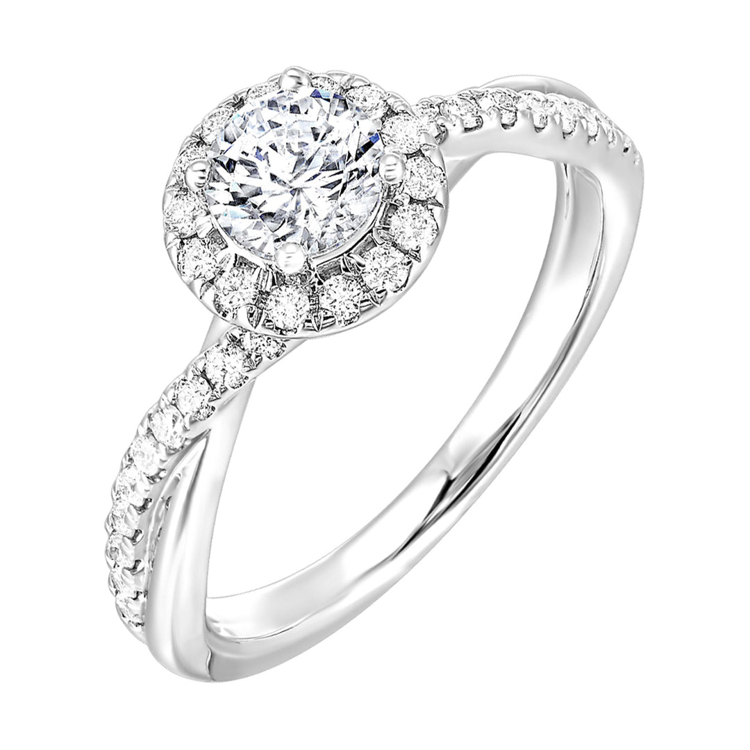 This feminine, modern diamond halo engagement ring features two strands, one with metal and one with pave diamonds intertwined in love.