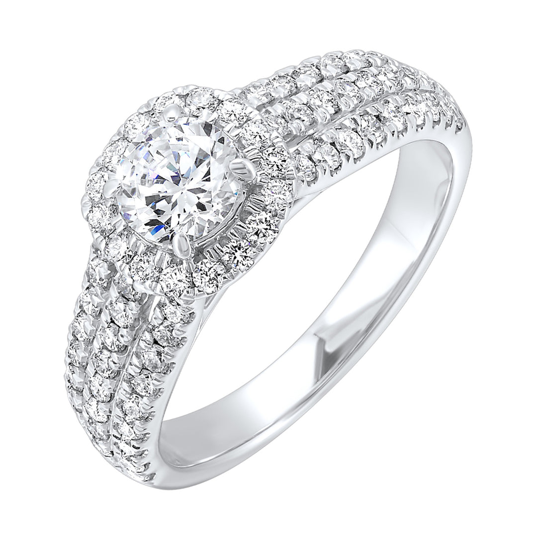 Tell your unique love story with this beautiful cushion halo engagement ring. Ring shank is split into three rows of diamonds, making this halo engagement ring sparkle even brighter.