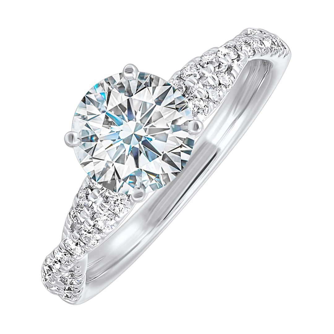 A dazzling masterpiece, this radiant engagement ring will take her breath away. This contemporary rope style engagement ring features two woven pave diamond bands.