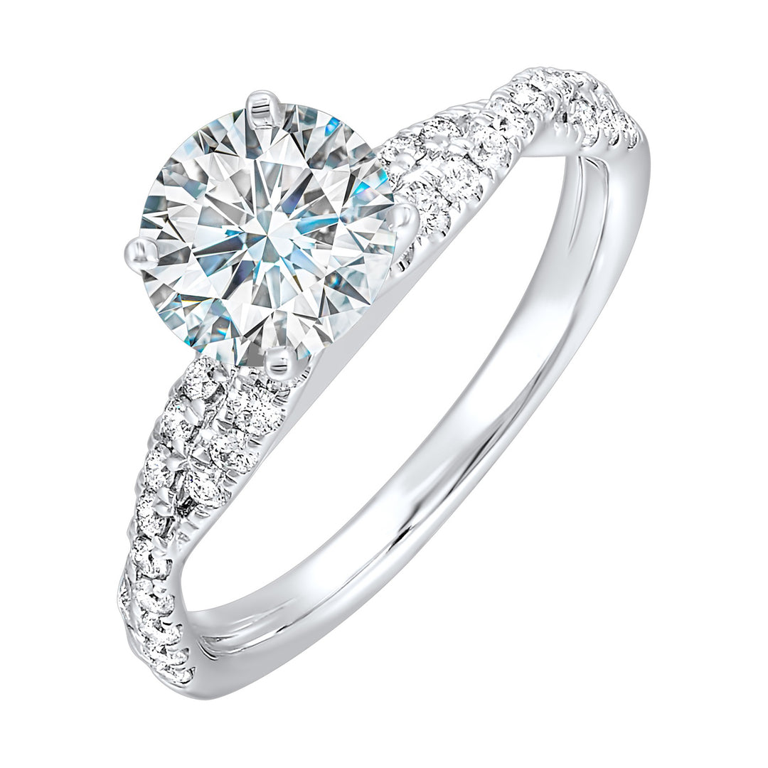 A dazzling masterpiece, this radiant engagement ring will take her breath away. This contemporary rope style engagement ring features two woven pave diamond bands.