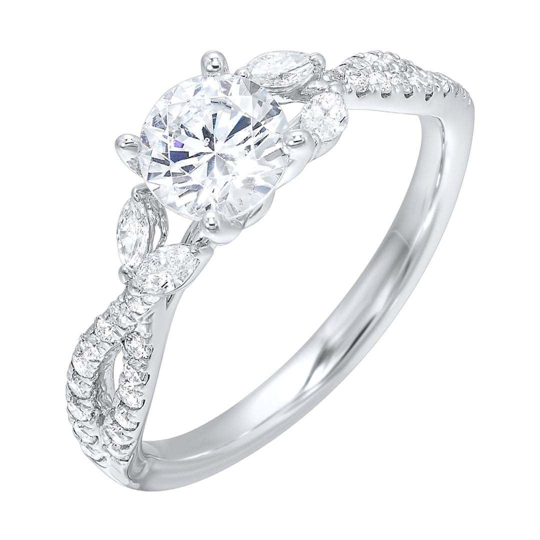 Embraced by a criss cross shank of pave diamonds. Two marquise diamond crown the band, adding a touch of unexpected elegance and a modern twist to this solitare ring.