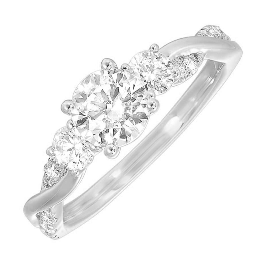 Gorgeous three stone ring features a round solitare with one smaller diamond on either side. All of this sits atop a criss cross band with playful flow of diamond is a perfect choice.