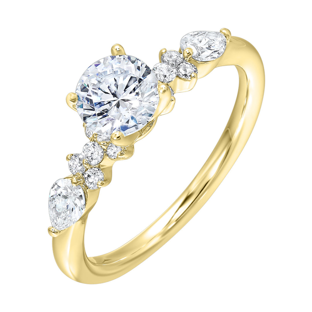 Eye-catching and glamorous, this ring features a cluster of diamonds that surround either side of the center stone with added glitter of fancy.