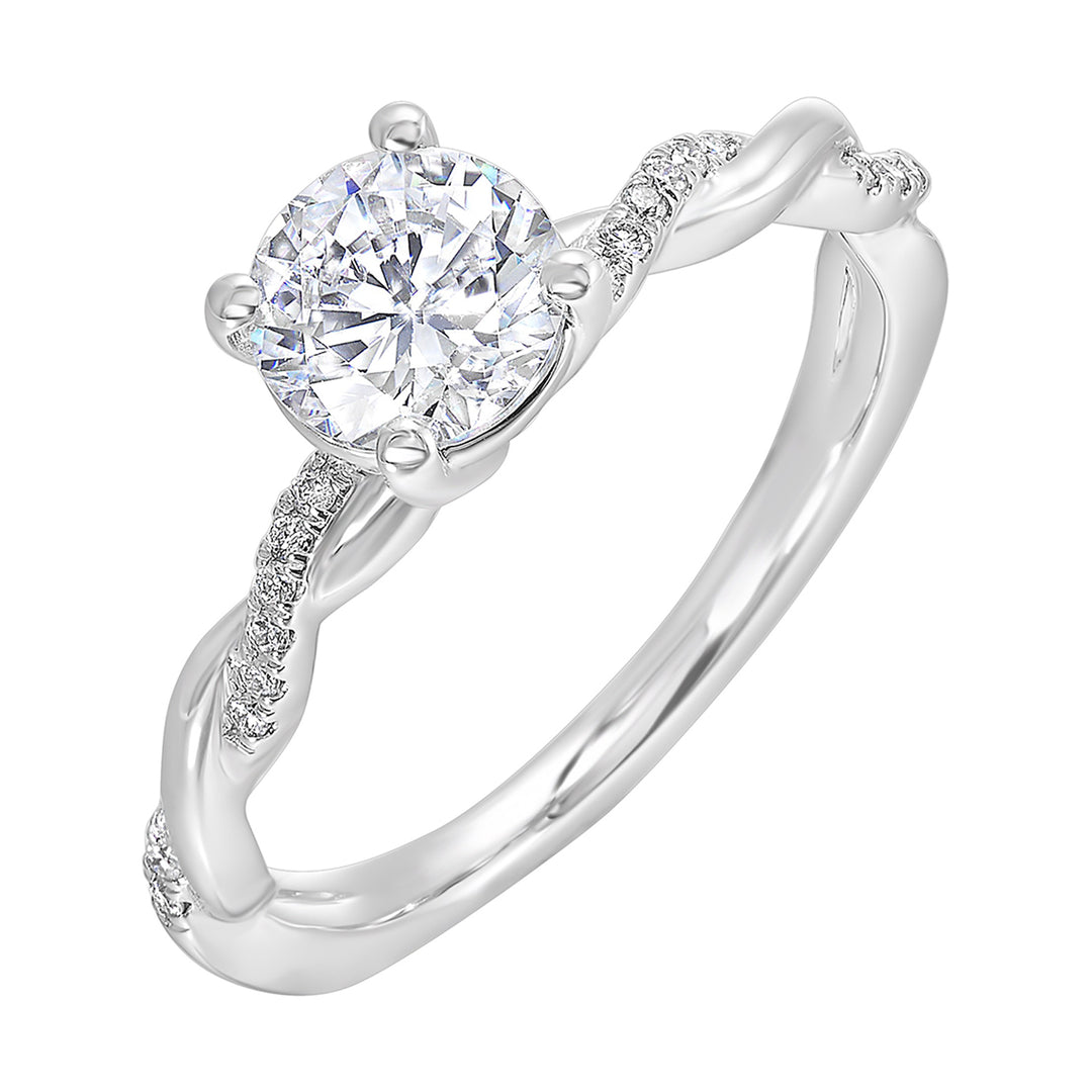 Three stone ring with a cluster of diamonds along the shoulder followed by a tapered diamond shank is sure to complement her.