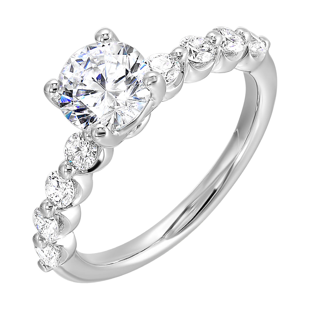 This lovely solitare ring is accented with bigger accent diamonds along the shank showcases the timeless love.