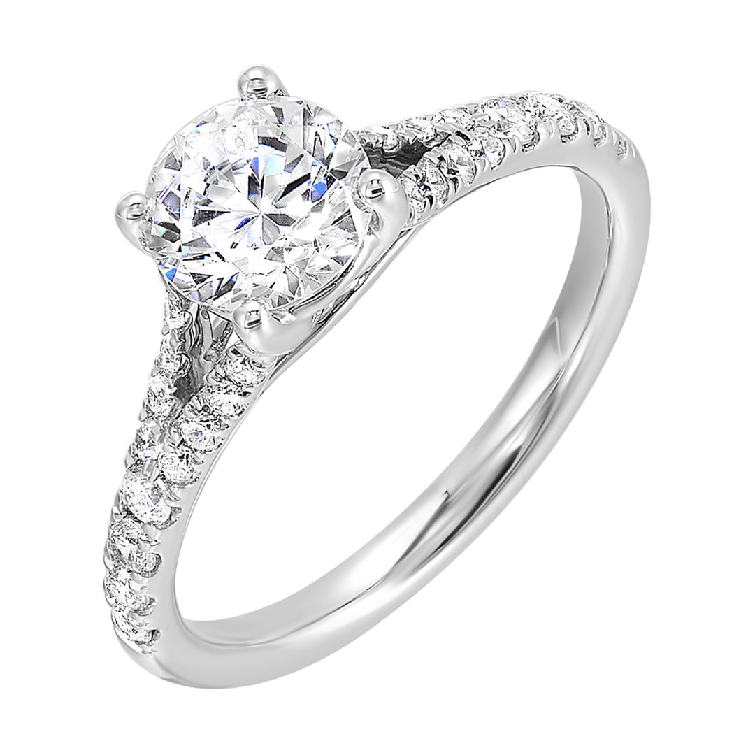 Double the sparkle with pave split shank engagement ring featuring solitare diamond center.