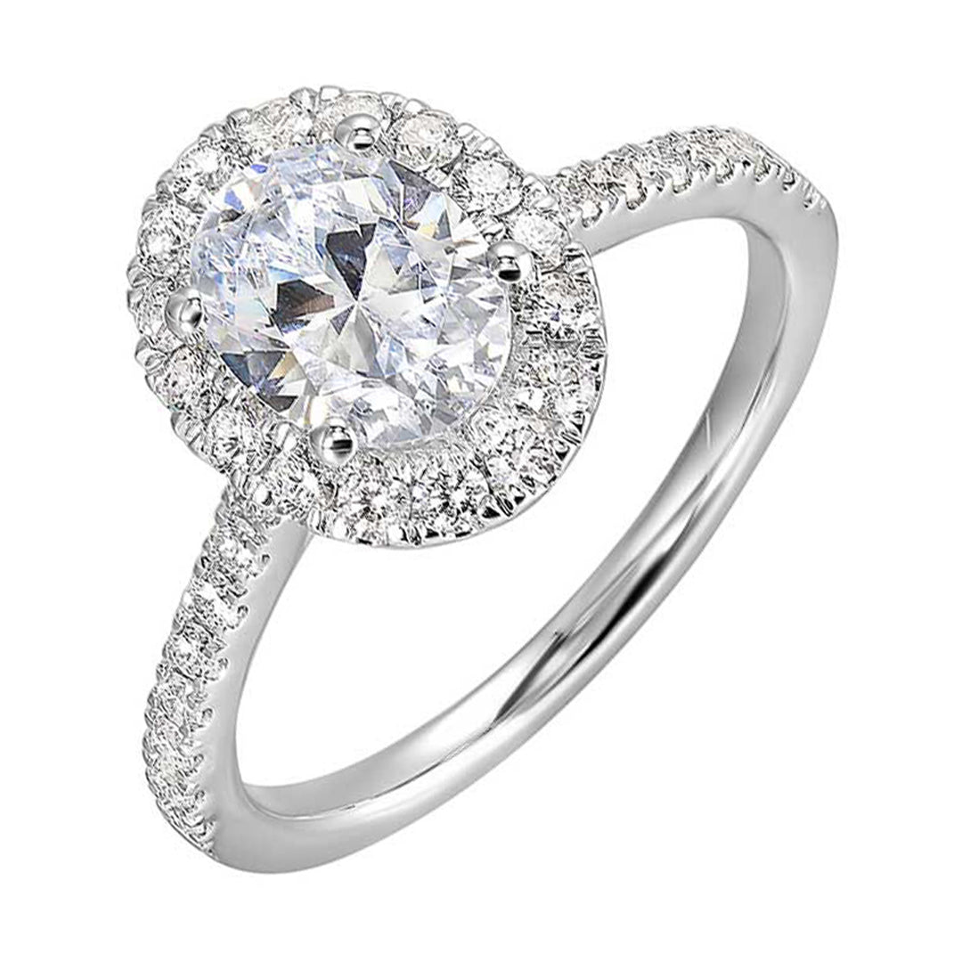 Oval solitare halo ring with sleek diamond studded shank, this design offers a romantic look for your special moments.