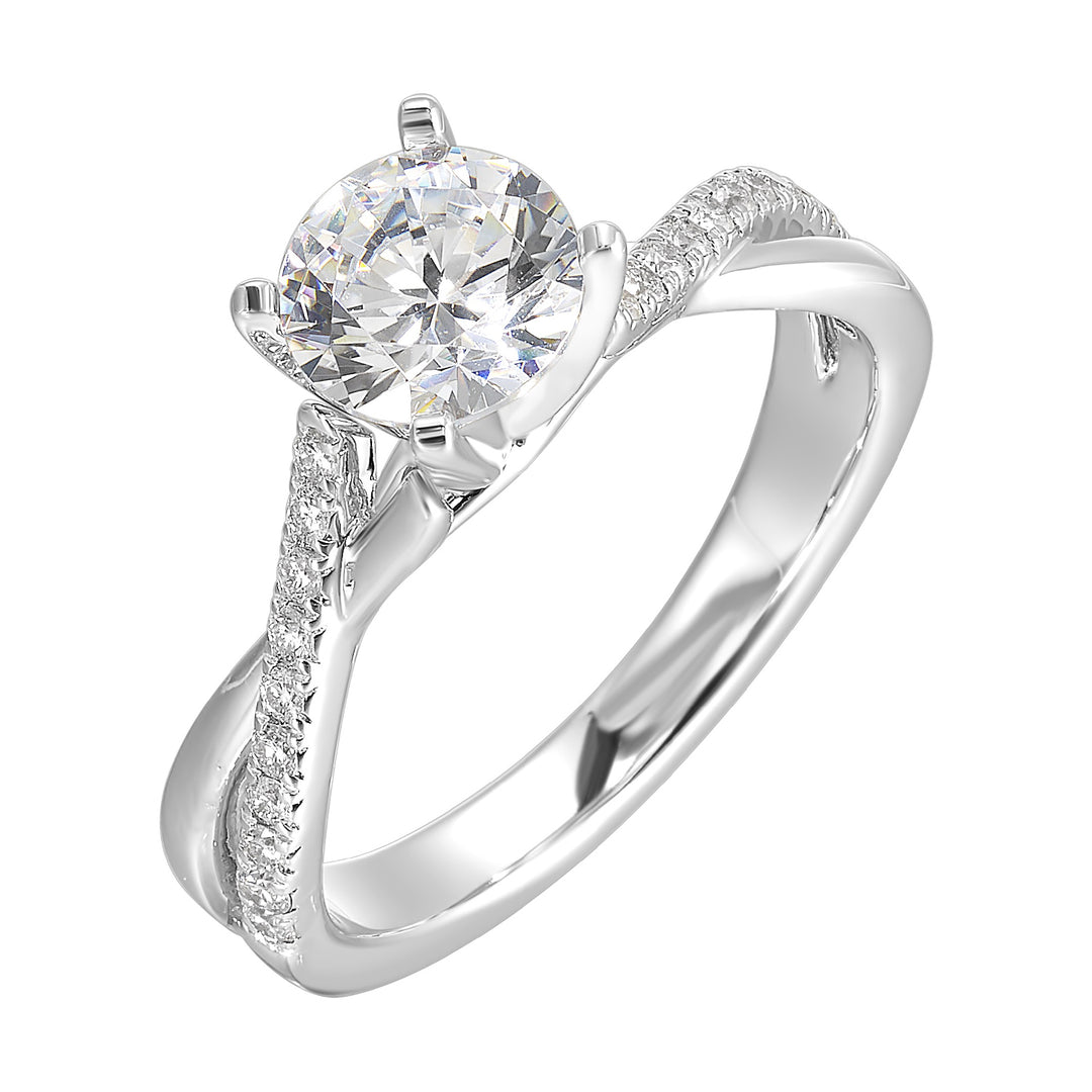 Criss cross ring symbolizing the union of two souls highlighting the gorgeous center solitare and play of diamonds is sure to impress her.