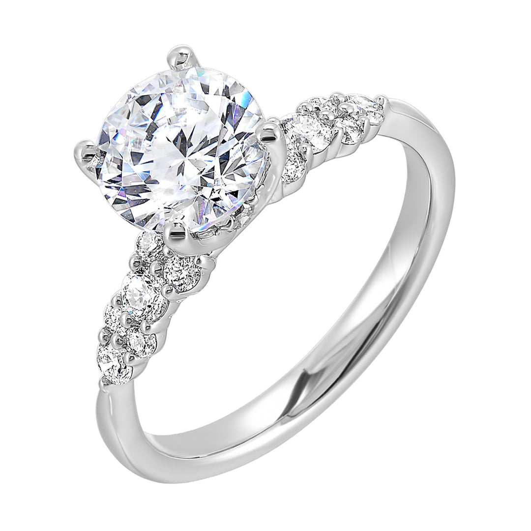 Glamorous solitare engagement ring dazzles with round diamonds set in lustrous pattern.