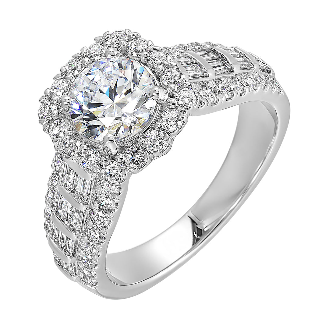 This modern style engagement ring features three rows of pave set diamonds with baugette diamonds in the center row standing out along with a softer cushion halo.