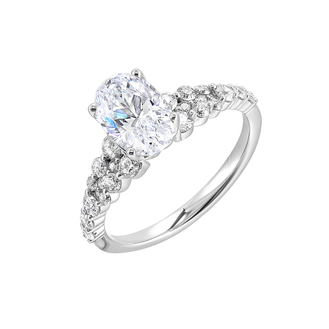 Immerse yourself in the enchanting beauty of this engagement ring highlighting the oval center and unique diamond setting in shank.