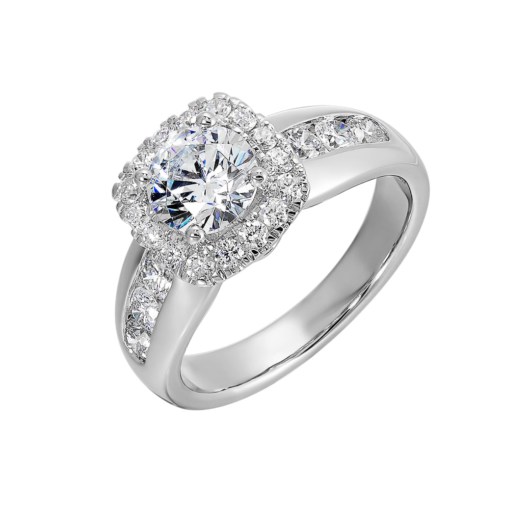 Channel set diamonds wrap this glamorous ring with an addition of cushion halo and solitare center.