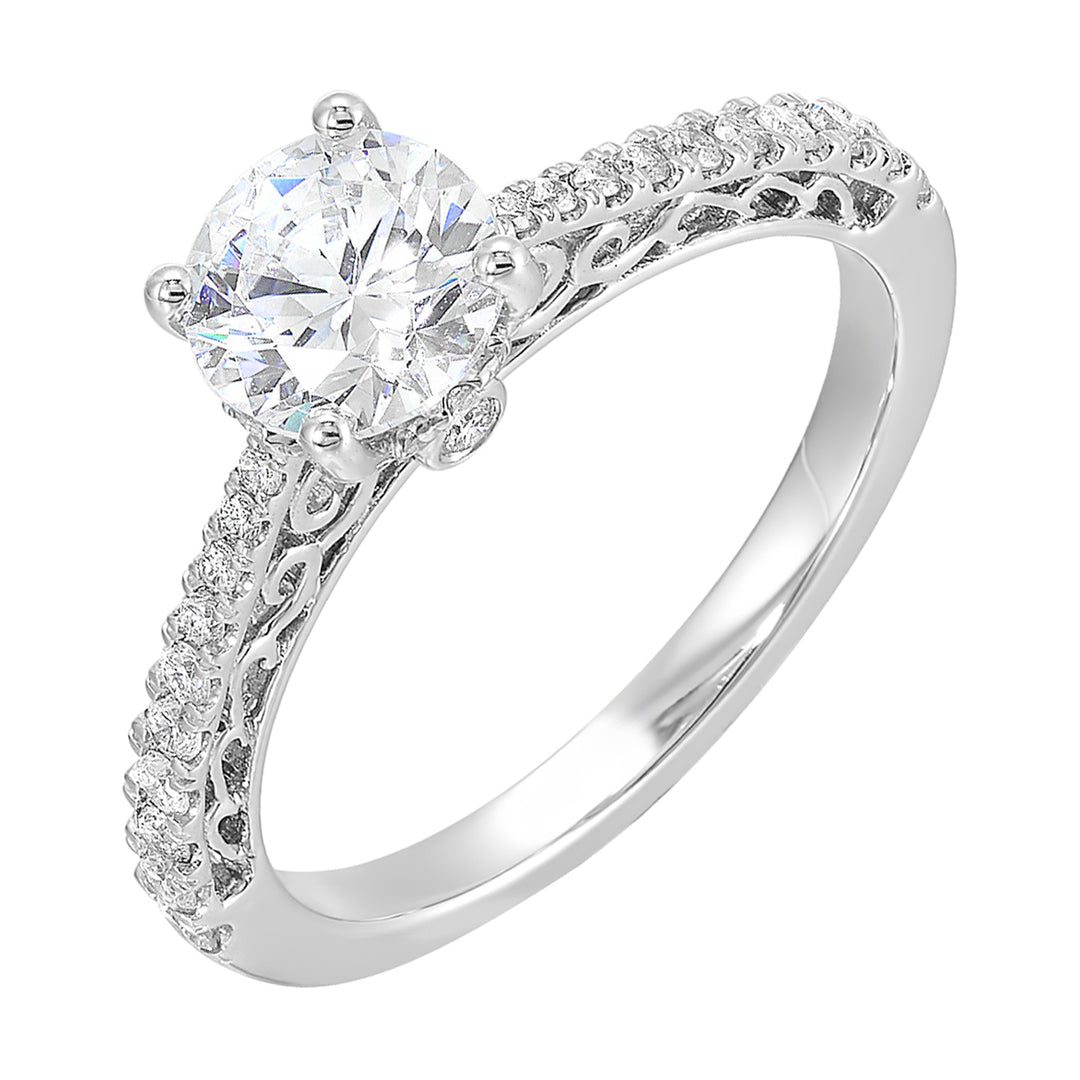 Designed with the perfect pinch on the shank, this pave engagement ring will show off your center stone beautifully with detailed side view.