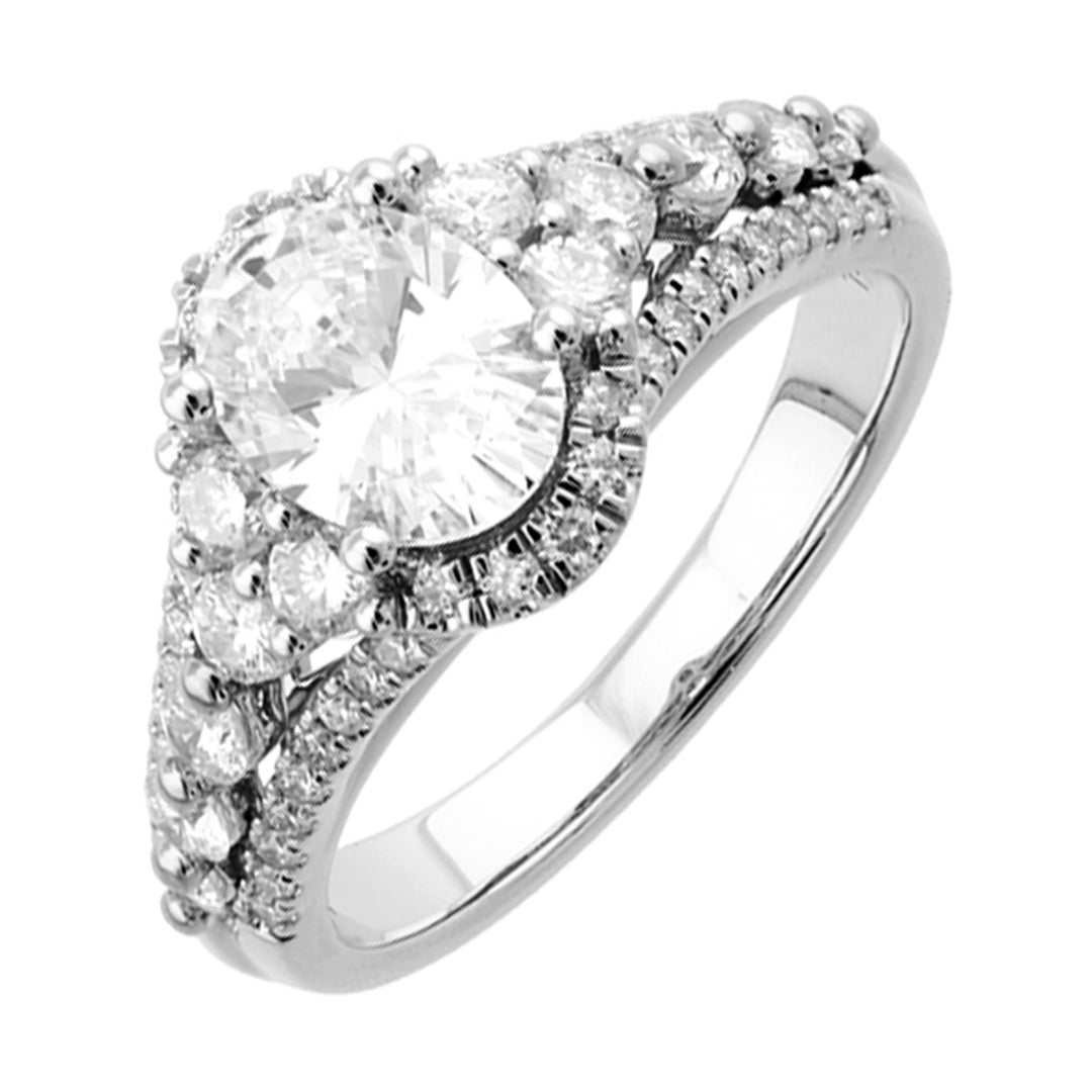 A gorgeous engagement ring featuring three rows of diamonds with bigger diamonds in center and smaller diamonds on the sides gives stunning look.